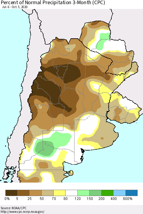 Southern South America Percent of Normal Precipitation 3-Month (CPC) Thematic Map For 7/6/2020 - 10/5/2020