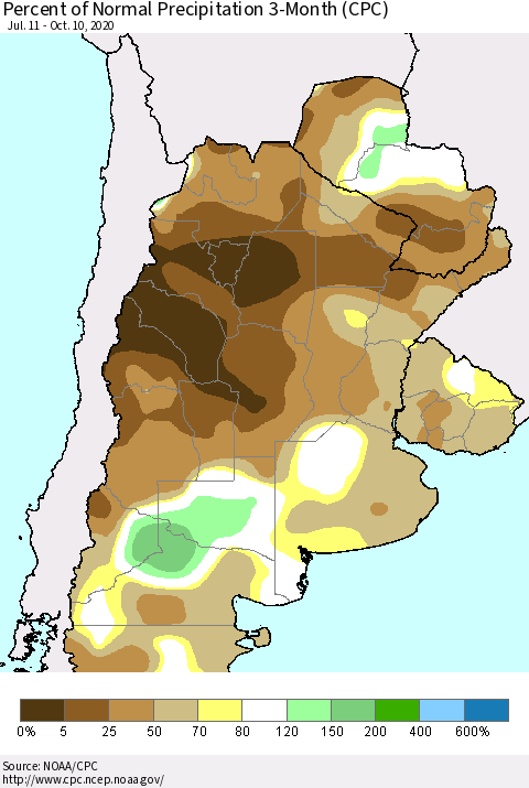 Southern South America Percent of Normal Precipitation 3-Month (CPC) Thematic Map For 7/11/2020 - 10/10/2020