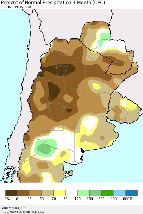 Southern South America Percent of Normal Precipitation 3-Month (CPC) Thematic Map For 7/16/2020 - 10/15/2020