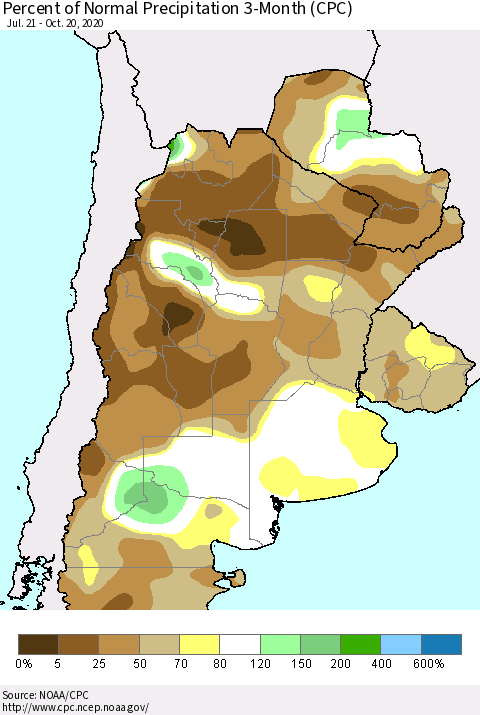 Southern South America Percent of Normal Precipitation 3-Month (CPC) Thematic Map For 7/21/2020 - 10/20/2020
