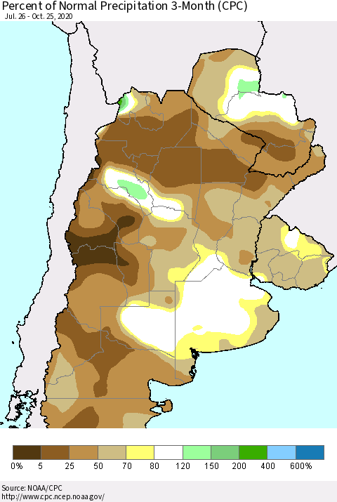 Southern South America Percent of Normal Precipitation 3-Month (CPC) Thematic Map For 7/26/2020 - 10/25/2020