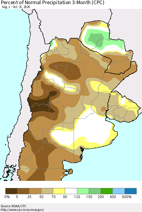 Southern South America Percent of Normal Precipitation 3-Month (CPC) Thematic Map For 8/1/2020 - 10/31/2020