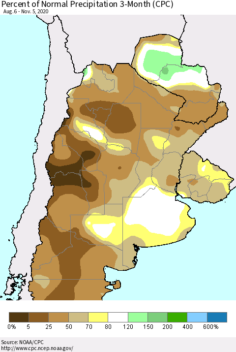 Southern South America Percent of Normal Precipitation 3-Month (CPC) Thematic Map For 8/6/2020 - 11/5/2020