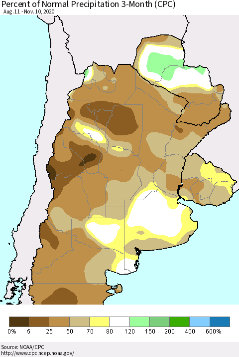 Southern South America Percent of Normal Precipitation 3-Month (CPC) Thematic Map For 8/11/2020 - 11/10/2020