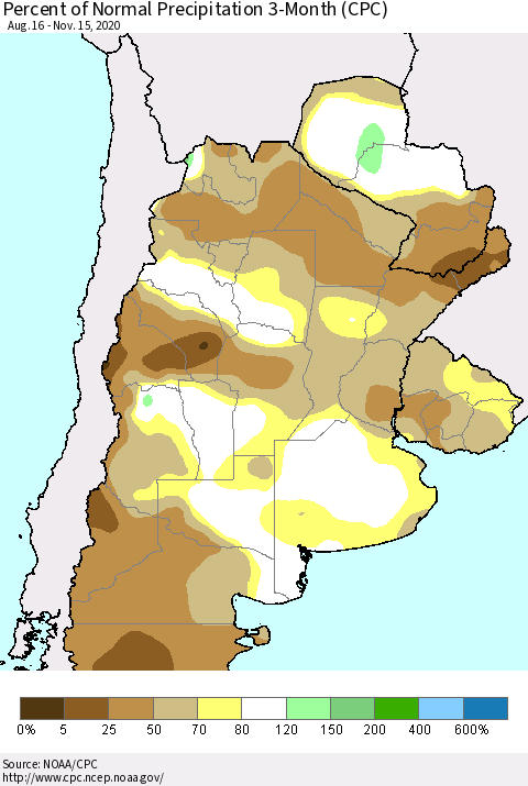 Southern South America Percent of Normal Precipitation 3-Month (CPC) Thematic Map For 8/16/2020 - 11/15/2020