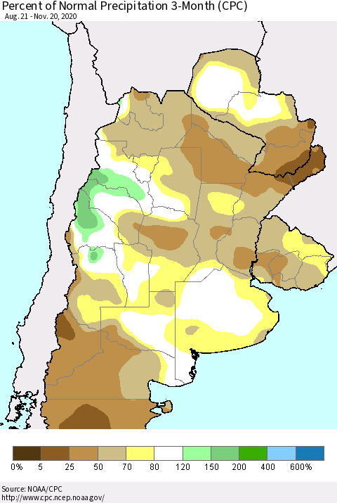 Southern South America Percent of Normal Precipitation 3-Month (CPC) Thematic Map For 8/21/2020 - 11/20/2020
