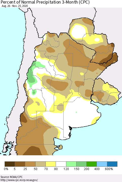 Southern South America Percent of Normal Precipitation 3-Month (CPC) Thematic Map For 8/26/2020 - 11/25/2020