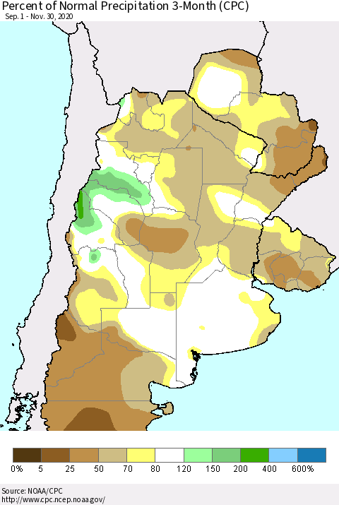 Southern South America Percent of Normal Precipitation 3-Month (CPC) Thematic Map For 9/1/2020 - 11/30/2020