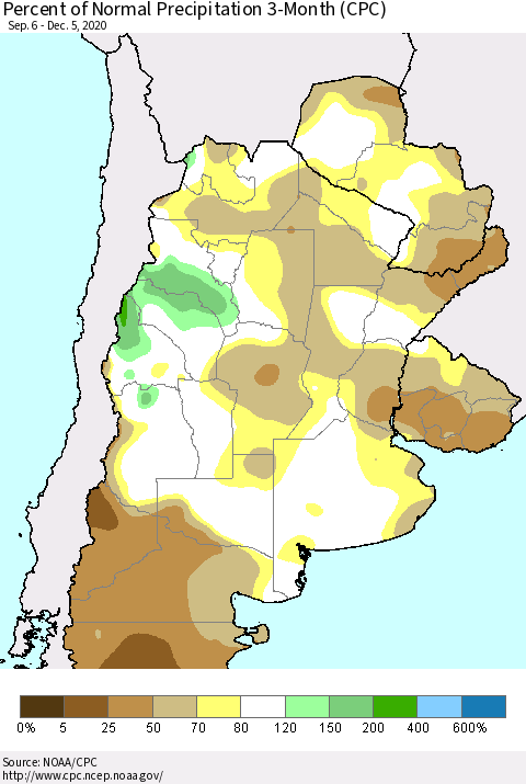 Southern South America Percent of Normal Precipitation 3-Month (CPC) Thematic Map For 9/6/2020 - 12/5/2020