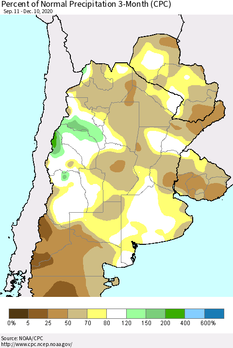 Southern South America Percent of Normal Precipitation 3-Month (CPC) Thematic Map For 9/11/2020 - 12/10/2020