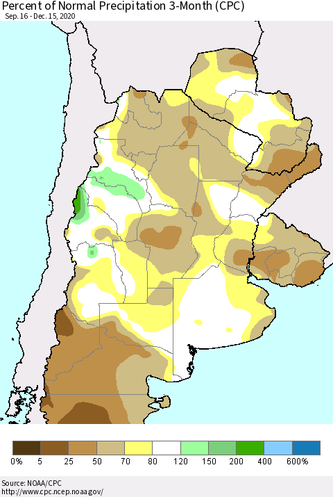 Southern South America Percent of Normal Precipitation 3-Month (CPC) Thematic Map For 9/16/2020 - 12/15/2020