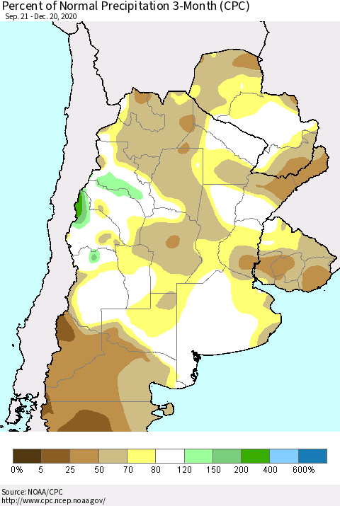 Southern South America Percent of Normal Precipitation 3-Month (CPC) Thematic Map For 9/21/2020 - 12/20/2020