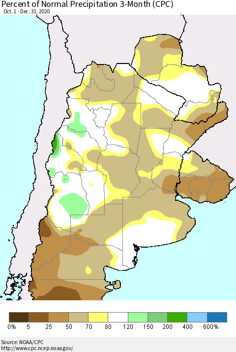 Southern South America Percent of Normal Precipitation 3-Month (CPC) Thematic Map For 10/1/2020 - 12/31/2020