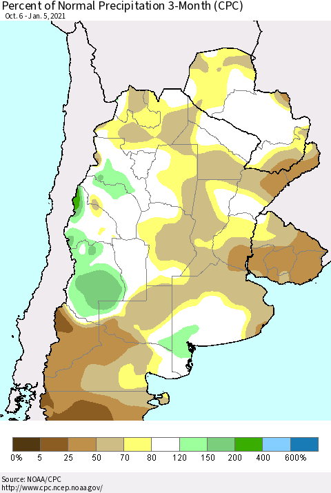 Southern South America Percent of Normal Precipitation 3-Month (CPC) Thematic Map For 10/6/2020 - 1/5/2021