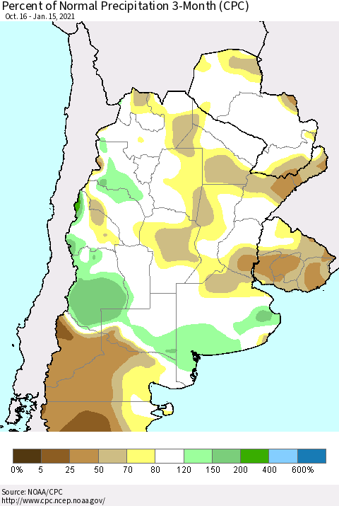Southern South America Percent of Normal Precipitation 3-Month (CPC) Thematic Map For 10/16/2020 - 1/15/2021