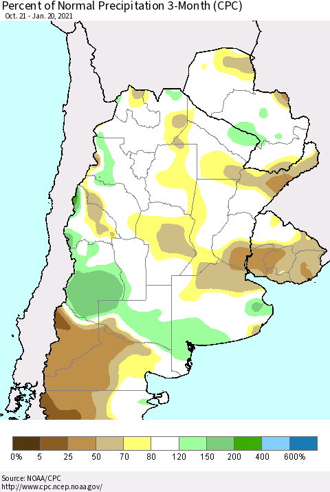 Southern South America Percent of Normal Precipitation 3-Month (CPC) Thematic Map For 10/21/2020 - 1/20/2021