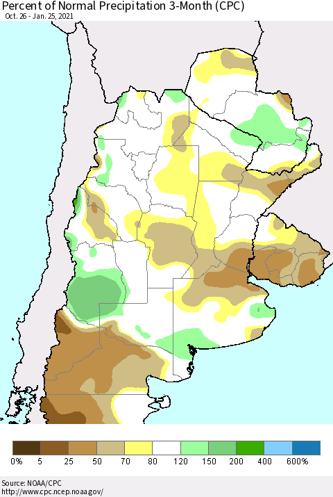 Southern South America Percent of Normal Precipitation 3-Month (CPC) Thematic Map For 10/26/2020 - 1/25/2021