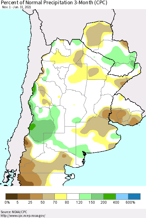 Southern South America Percent of Normal Precipitation 3-Month (CPC) Thematic Map For 11/1/2020 - 1/31/2021