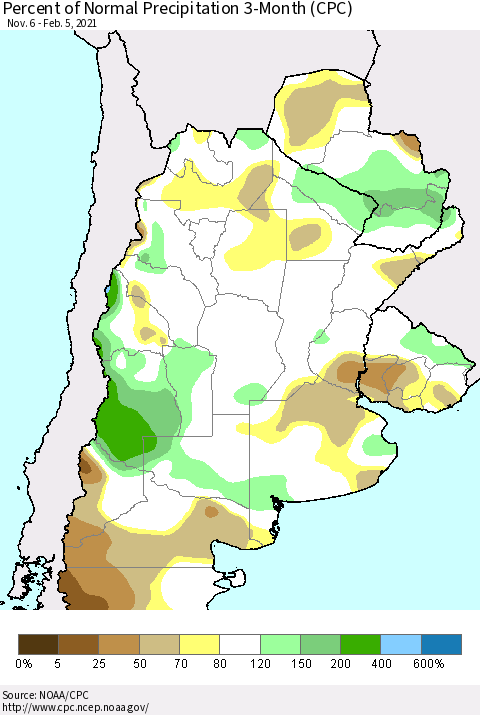 Southern South America Percent of Normal Precipitation 3-Month (CPC) Thematic Map For 11/6/2020 - 2/5/2021