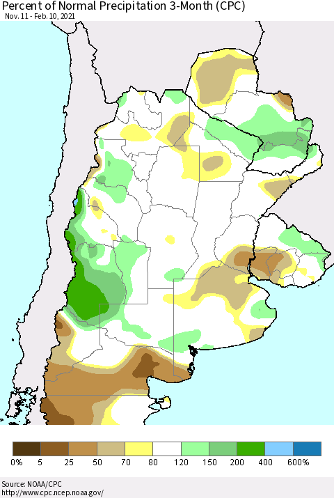 Southern South America Percent of Normal Precipitation 3-Month (CPC) Thematic Map For 11/11/2020 - 2/10/2021