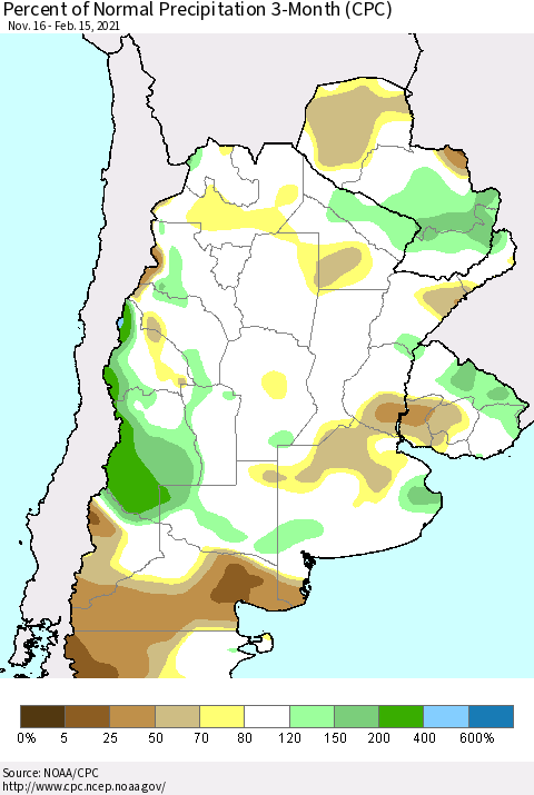 Southern South America Percent of Normal Precipitation 3-Month (CPC) Thematic Map For 11/16/2020 - 2/15/2021
