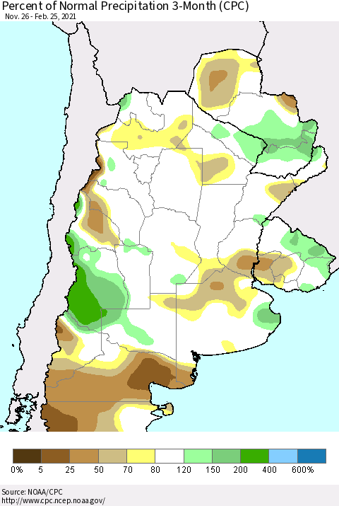 Southern South America Percent of Normal Precipitation 3-Month (CPC) Thematic Map For 11/26/2020 - 2/25/2021