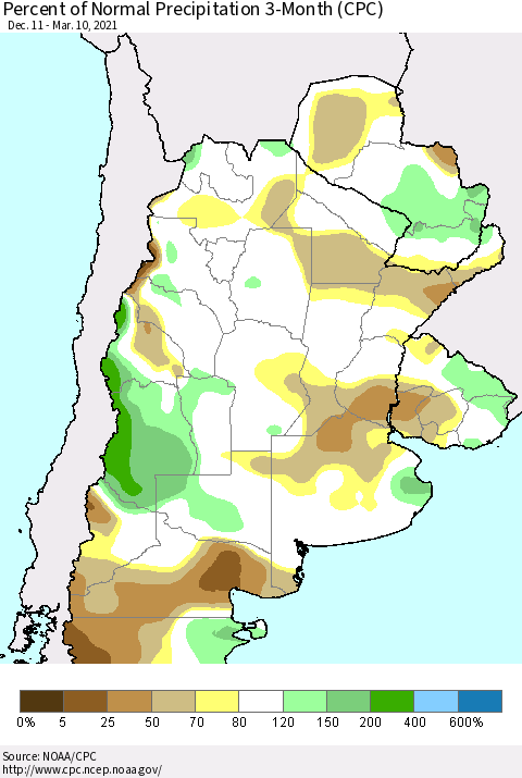 Southern South America Percent of Normal Precipitation 3-Month (CPC) Thematic Map For 12/11/2020 - 3/10/2021