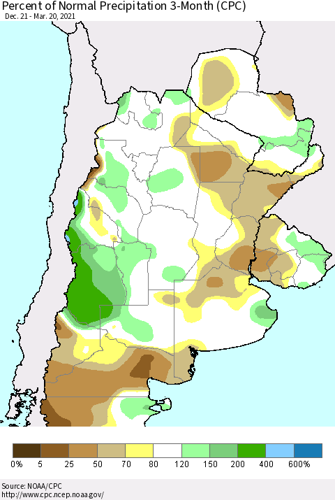 Southern South America Percent of Normal Precipitation 3-Month (CPC) Thematic Map For 12/21/2020 - 3/20/2021
