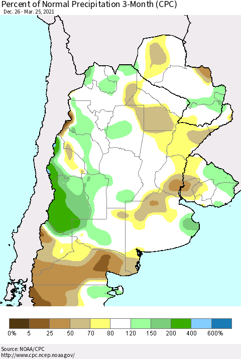 Southern South America Percent of Normal Precipitation 3-Month (CPC) Thematic Map For 12/26/2020 - 3/25/2021