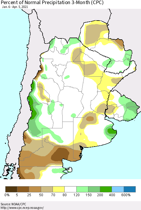 Southern South America Percent of Normal Precipitation 3-Month (CPC) Thematic Map For 1/6/2021 - 4/5/2021
