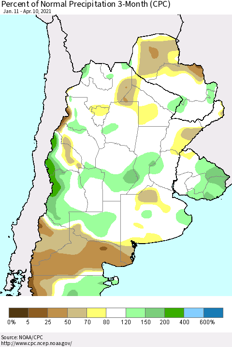 Southern South America Percent of Normal Precipitation 3-Month (CPC) Thematic Map For 1/11/2021 - 4/10/2021