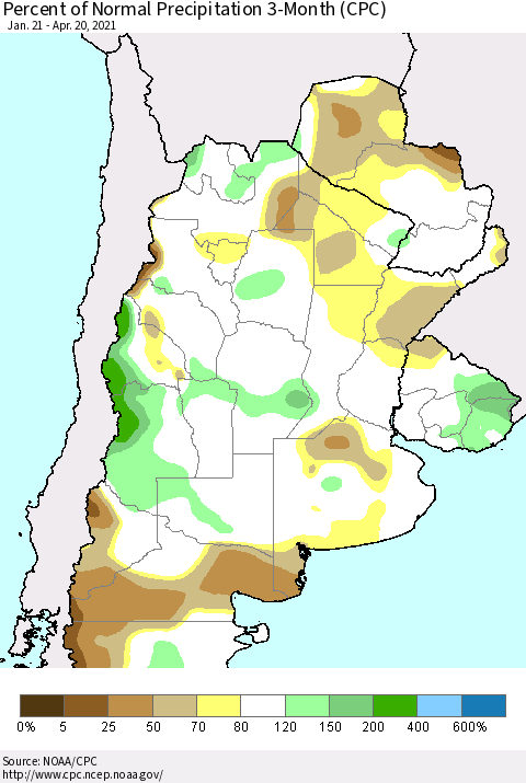 Southern South America Percent of Normal Precipitation 3-Month (CPC) Thematic Map For 1/21/2021 - 4/20/2021