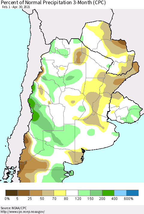 Southern South America Percent of Normal Precipitation 3-Month (CPC) Thematic Map For 2/1/2021 - 4/30/2021
