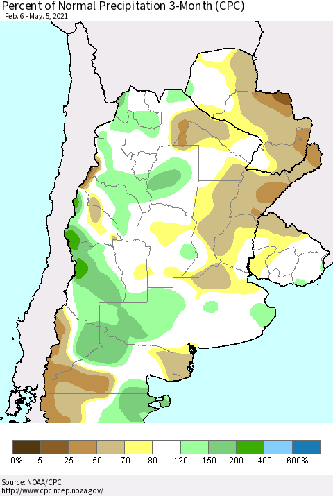 Southern South America Percent of Normal Precipitation 3-Month (CPC) Thematic Map For 2/6/2021 - 5/5/2021
