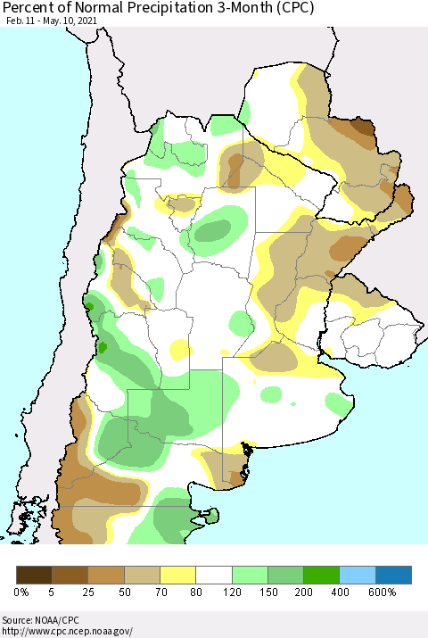 Southern South America Percent of Normal Precipitation 3-Month (CPC) Thematic Map For 2/11/2021 - 5/10/2021