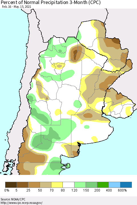 Southern South America Percent of Normal Precipitation 3-Month (CPC) Thematic Map For 2/16/2021 - 5/15/2021