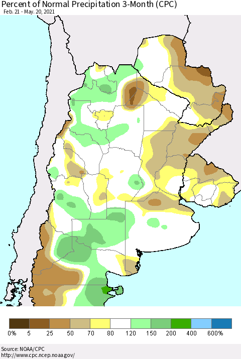 Southern South America Percent of Normal Precipitation 3-Month (CPC) Thematic Map For 2/21/2021 - 5/20/2021