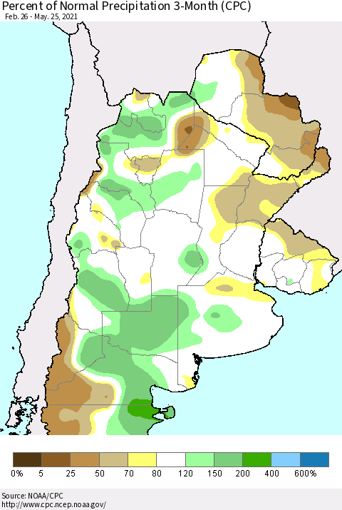 Southern South America Percent of Normal Precipitation 3-Month (CPC) Thematic Map For 2/26/2021 - 5/25/2021