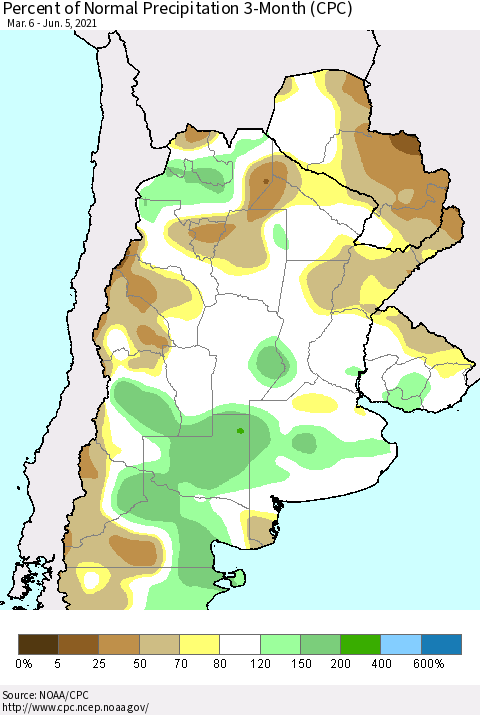 Southern South America Percent of Normal Precipitation 3-Month (CPC) Thematic Map For 3/6/2021 - 6/5/2021