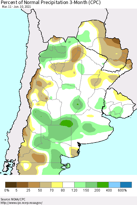 Southern South America Percent of Normal Precipitation 3-Month (CPC) Thematic Map For 3/11/2021 - 6/10/2021