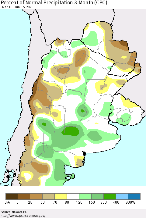 Southern South America Percent of Normal Precipitation 3-Month (CPC) Thematic Map For 3/16/2021 - 6/15/2021