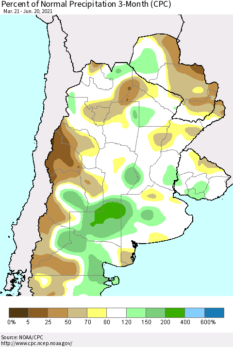 Southern South America Percent of Normal Precipitation 3-Month (CPC) Thematic Map For 3/21/2021 - 6/20/2021