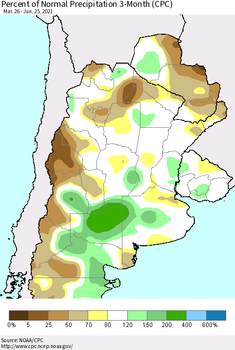 Southern South America Percent of Normal Precipitation 3-Month (CPC) Thematic Map For 3/26/2021 - 6/25/2021