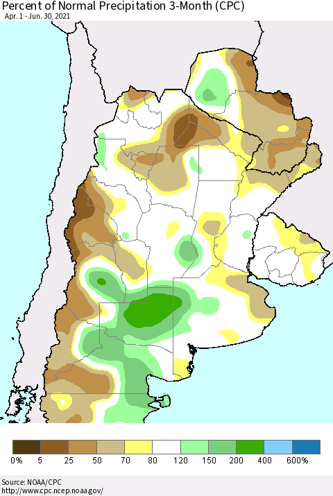 Southern South America Percent of Normal Precipitation 3-Month (CPC) Thematic Map For 4/1/2021 - 6/30/2021