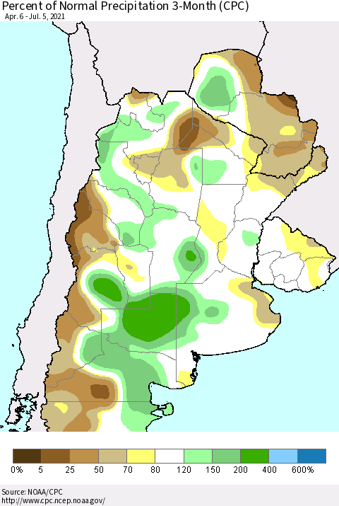 Southern South America Percent of Normal Precipitation 3-Month (CPC) Thematic Map For 4/6/2021 - 7/5/2021