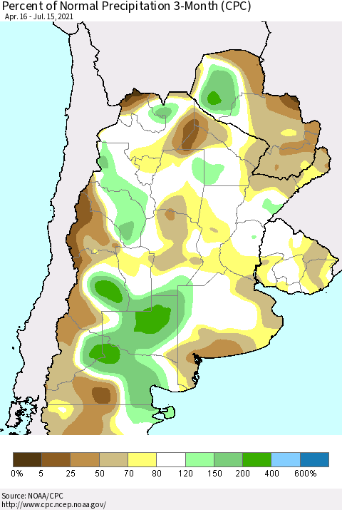 Southern South America Percent of Normal Precipitation 3-Month (CPC) Thematic Map For 4/16/2021 - 7/15/2021