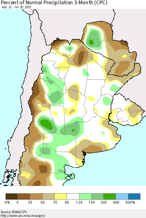 Southern South America Percent of Normal Precipitation 3-Month (CPC) Thematic Map For 4/21/2021 - 7/20/2021