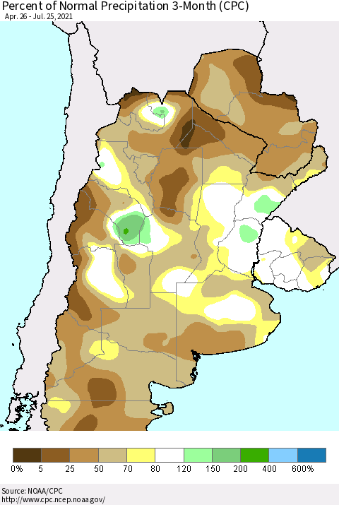 Southern South America Percent of Normal Precipitation 3-Month (CPC) Thematic Map For 4/26/2021 - 7/25/2021