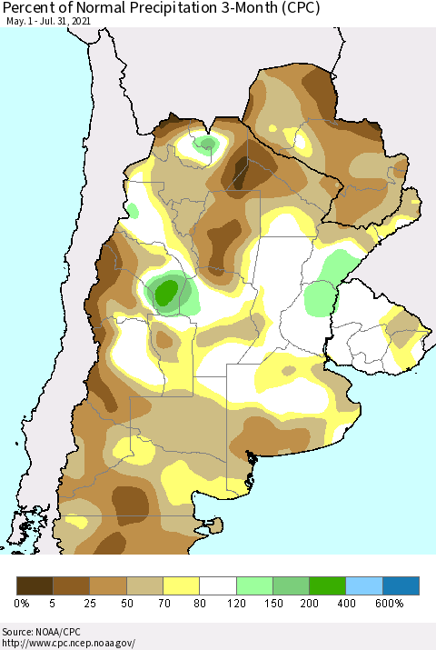 Southern South America Percent of Normal Precipitation 3-Month (CPC) Thematic Map For 5/1/2021 - 7/31/2021