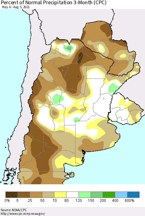 Southern South America Percent of Normal Precipitation 3-Month (CPC) Thematic Map For 5/6/2021 - 8/5/2021